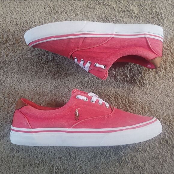 Polo Ralph Lauren Thorton Washed Twill/Leather Red Sneakers Mens SZ 8 PRE-OWNED - Picture 1 of 6